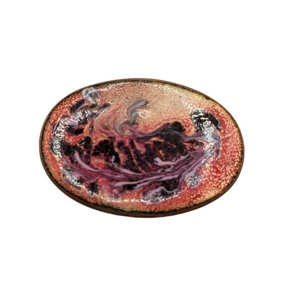 Vtg Enamel on Copper Brooch Pink Purple Peacock Swirls Mid Century Abstract Art - Picture 1 of 4